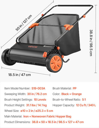 Vevor Manual Lawn Sweeper 76.2 Cm Leaves Grass Collection Bag 12 Cubic Feet Adjustable Brush Height Rubber Wheels Stscpqsqhs12jqdr0001v0