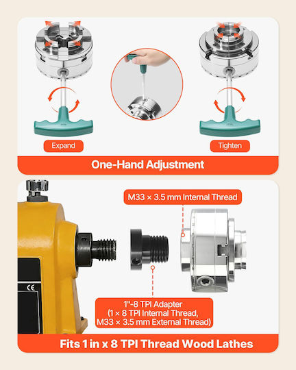 Vevor Wood Lathe Chuck 4 Inch 4 Jaw Self-Centering Thread 1 Inch X 8 Tpi Adapter Jaws Round & Step Nickel Plated High Hardness Steel Mgcckptj3jt4ibz0x001v0