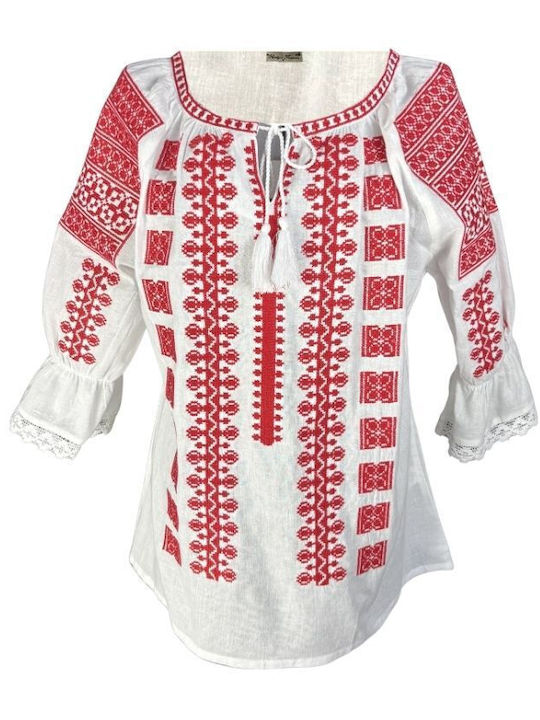 Bluza Damă Bumbac Mânecă Lungă Alb Optic/Roșu
