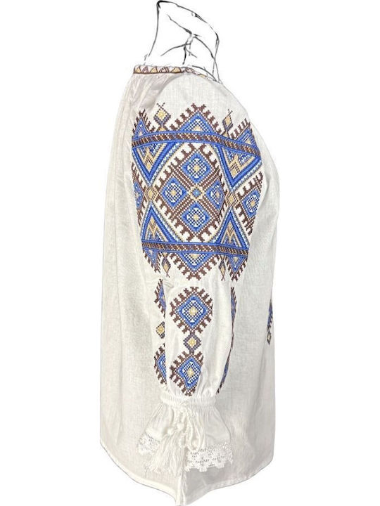 Bluza Damă Bumbac Mânecă Lungă Alb/Maro