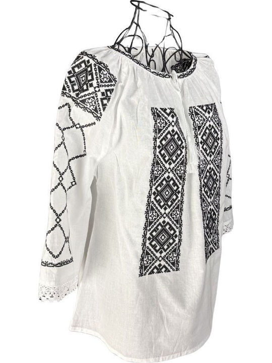 Bluza Damă Bumbac Mânecă Lungă Alb/Negru Mat