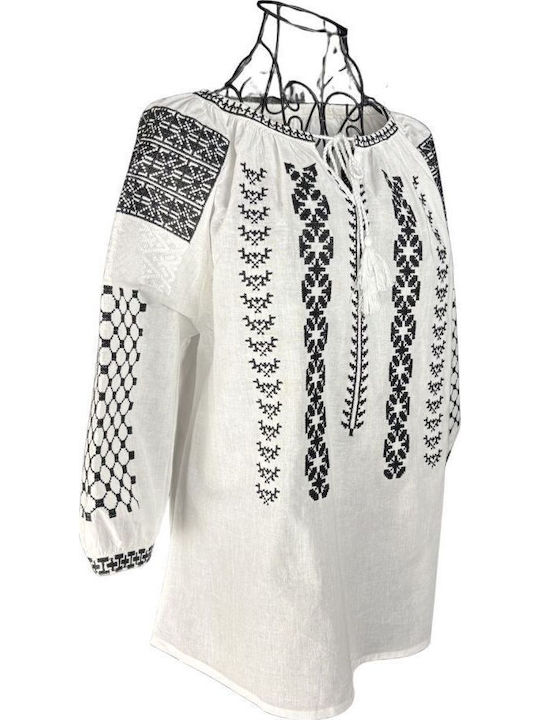 Bluza Damă Bumbac Mânecă Lungă Alb/Negru