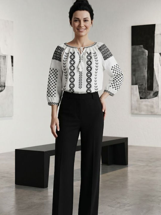 Bluza Damă Bumbac Mânecă Lungă Alb/Negru