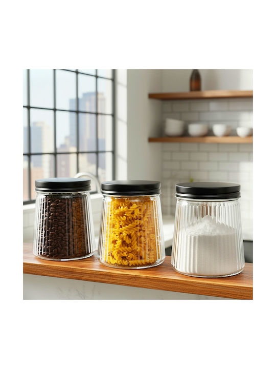 Vilde Set of 3 Jars for Coffee Pasta Cereals with Lid Glass Black 700ml