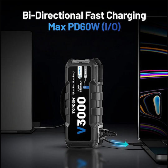 Topdon V3000 Portable Car Battery Jump Starter 24000mAh with Φακό 12V