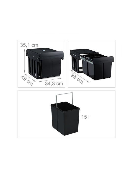 Relaxdays Coș De Gunoi Pentru Dulap Din Plastic Negru 15lt