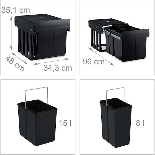 Relaxdays Coș De Gunoi Pentru Dulap Plastic Negru 15lt
