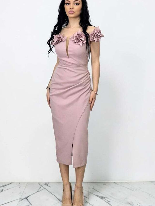 Rochie Midi De Seara Drapată Roz