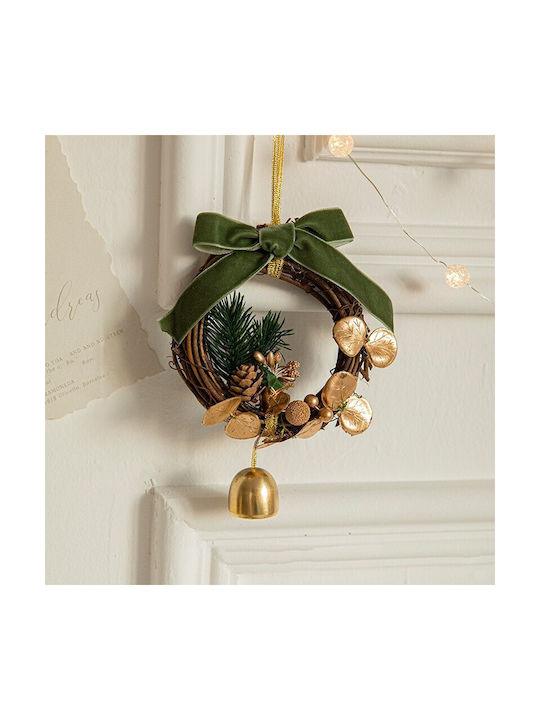 Coroniță Tip Ornament De Crăciun Pentru Brad 1 Clopoțel Flori Aurii Conuri De Pin Panglică Verde Catifea 14 X 10 Cm Verde Flippy