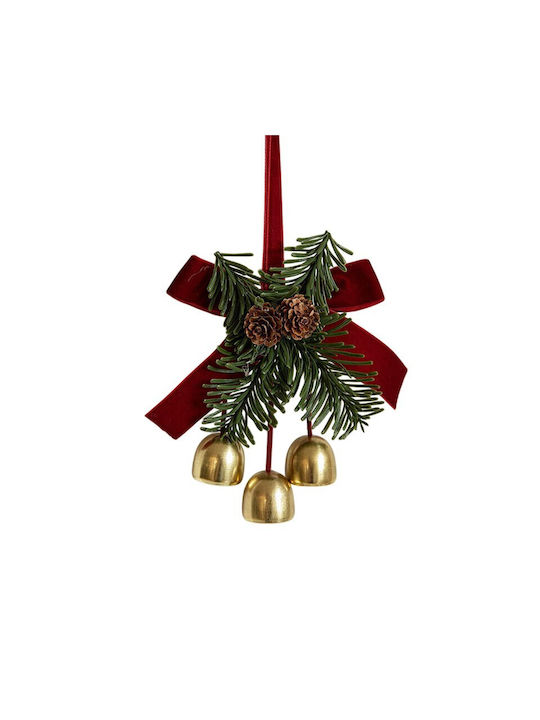 Ornament De Crăciun Pentru Brad Flippy Fundă De Crăciun Tip 3 Clopoței Aurii Conuri De Pin Panglică Din Catifea Roșie 16 X 11 Cm Roșu