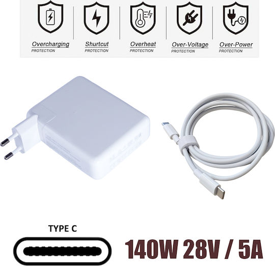 Ac Adapter USB-C Φορτιστής Laptop 140W 5A για Apple με Αποσπώμενο Καλώδιο Τροφοδοσίας