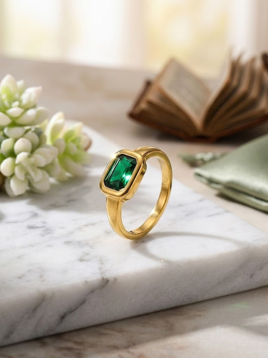 Women's Ring with Zircon Made of Gold Plated Steel