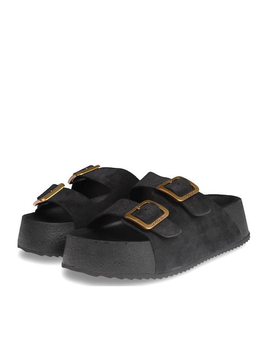 Myconian Women's Flat Sandals Flatforms Black Suede