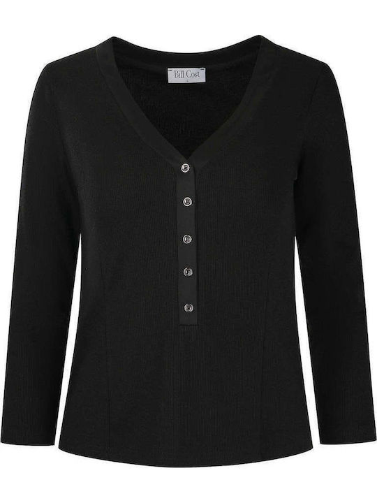 Women's Long Sleeve Blouse with V-Neck Black