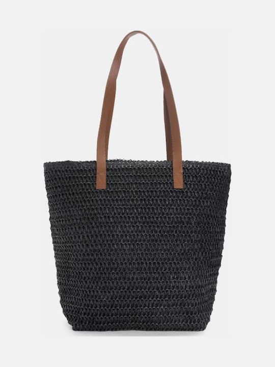 Ψάθινη Γυναικεία Τσάντα Shopper Ώμου Μαύρη
