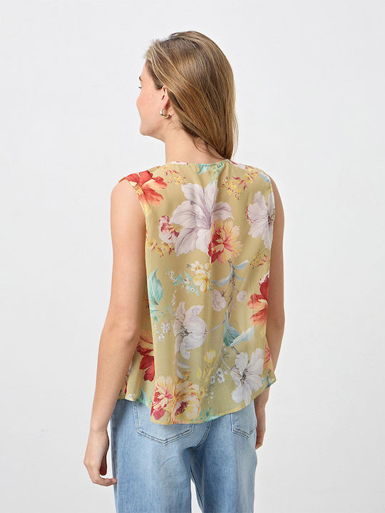 Women's Sleeveless Blouse with V Neckline Floral Olive