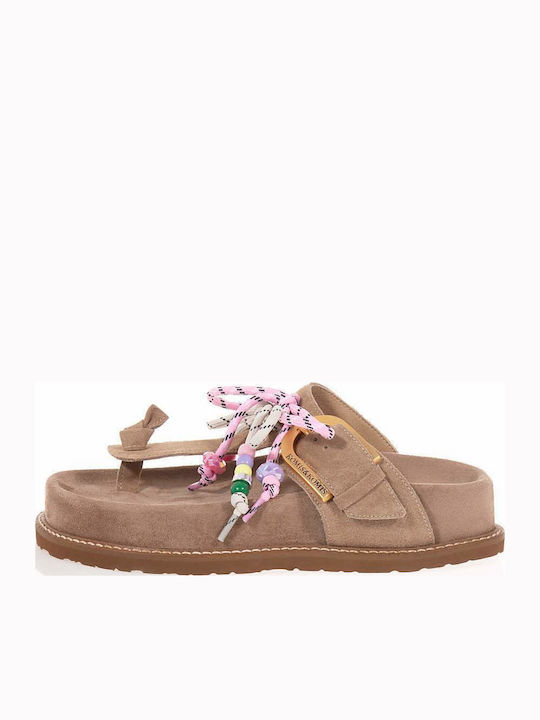 Δερμάτινα Γυναικεία Ανατομικά Σανδάλια Flatforms Μπεζ