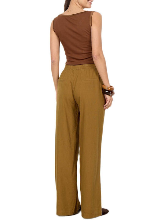 Damen Leinen Pantaloona mit Gummiband Olivgrün
