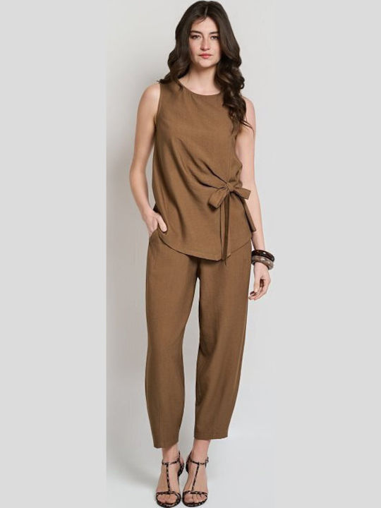Women's Brown Set with Trousers with Rubber Band in Relaxed Fit