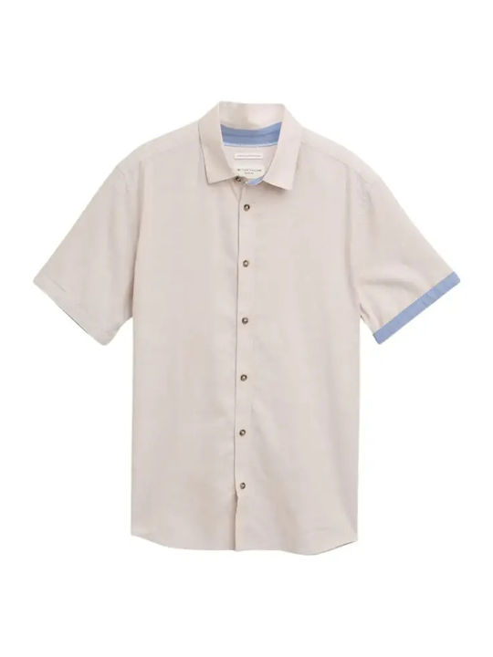 Short Sleeve Linen Shirt in Regular Fit Striped Beige