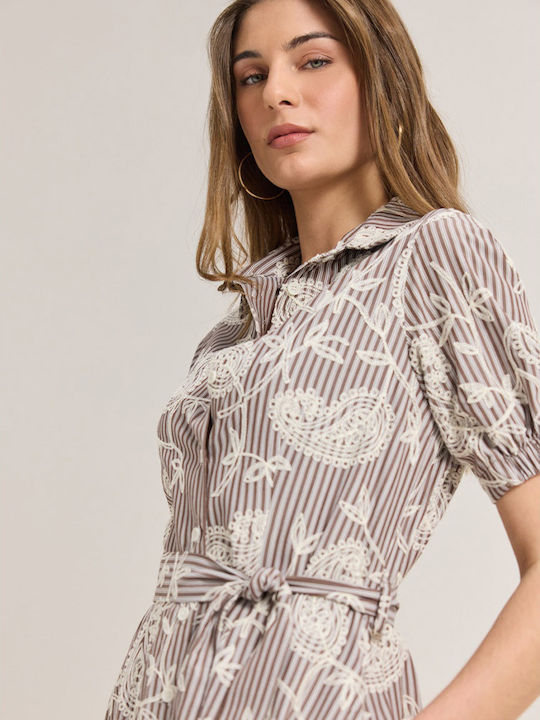 Summer Midi Shirt Dress Short Sleeve Brown