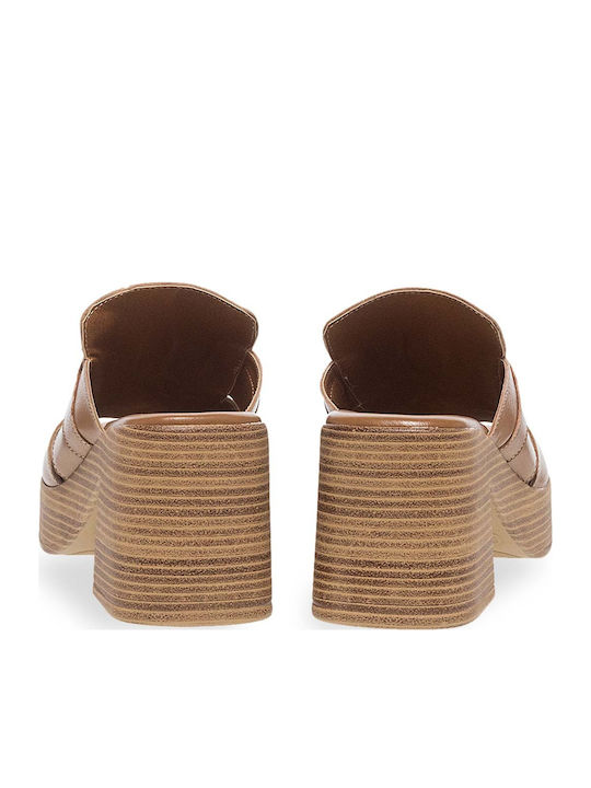 Leather Mules With Chunky Heel In Tabac Brown Colour