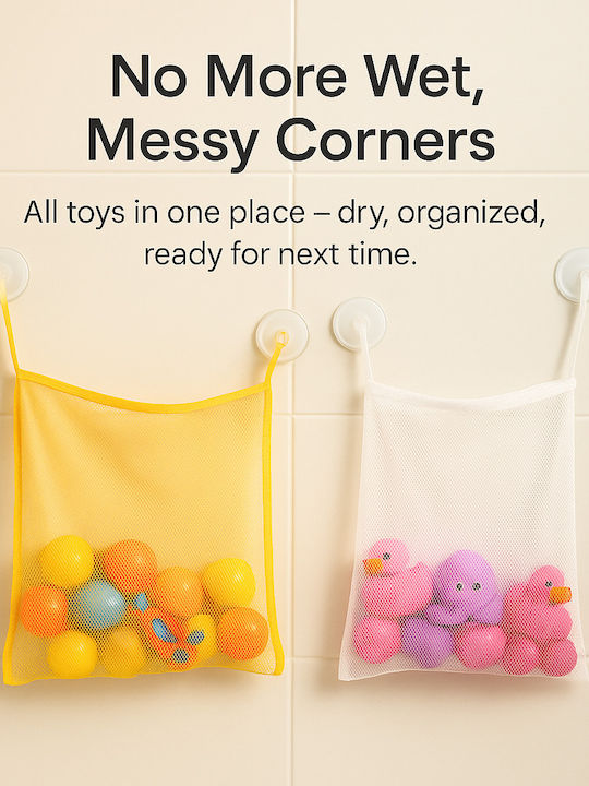 Geantă Organizator Mesh Pentru Baie Neseser Depozitare Jucării Duș Produse Igienă Ventuze Uscare Rapidă 40×30 Cm Albă