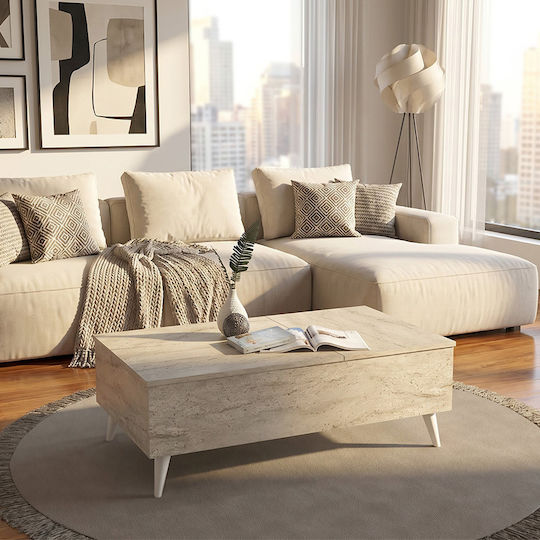 Rectangular Side Coffee Table Roy Wooden with Lifting Mechanism Travertine 2 Pieces W121xD69xH40cm