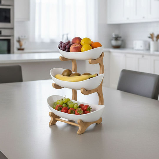 Relaxdays Fruit Bowl Made of Bamboo 3 Levels White 34x10x25cm
