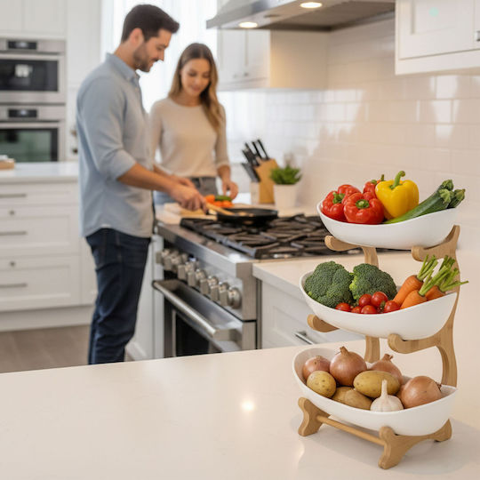Relaxdays Fruit Bowl Made of Bamboo 3 Levels White 34x10x25cm
