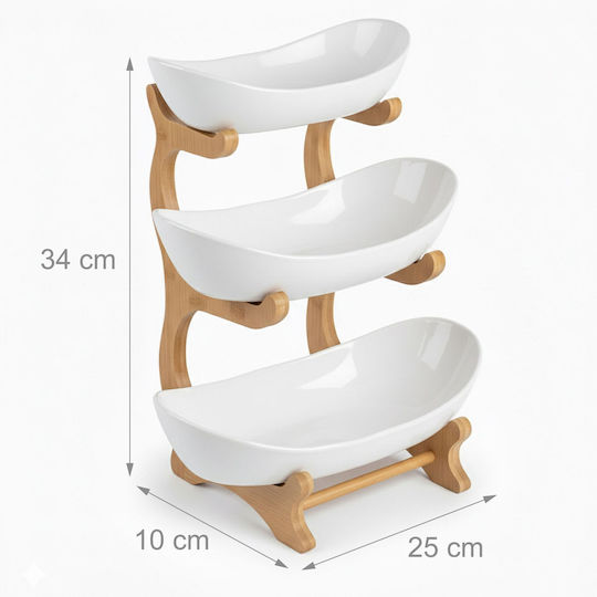 Relaxdays Fruit Bowl Made of Bamboo 3 Levels White 34x10x25cm