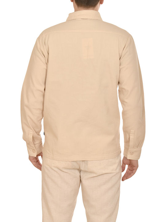 Μακρυμάνικo Λινό Overshirt σε Κανονική Γραμμή Μπεζ