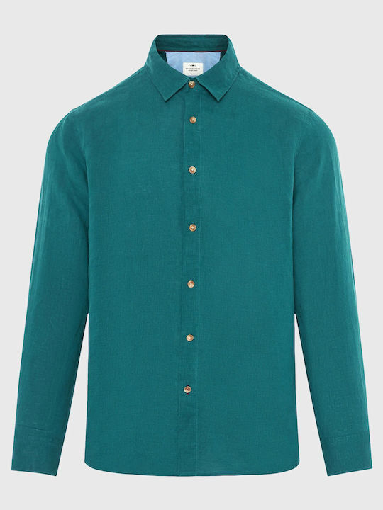 Funky Buddha Long Sleeve Linen Shirt in Regular Fit Green