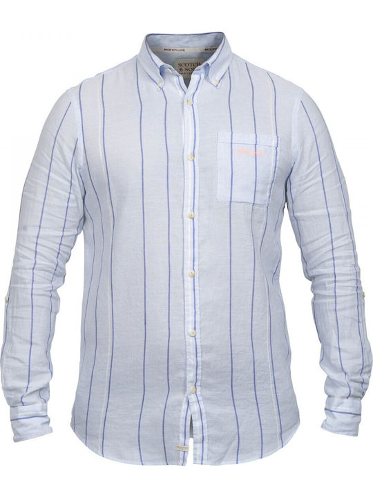 Long-sleeved Linen Shirt Striped Light Blue
