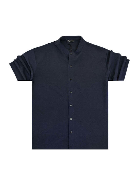 Short-sleeved Shirt in Wide Line Dark Blue
