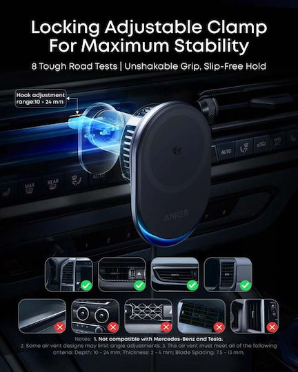 Anker Prime MagGo AirCool Car Mobile Mount with Adjustable Hooks and Wireless Charging Black