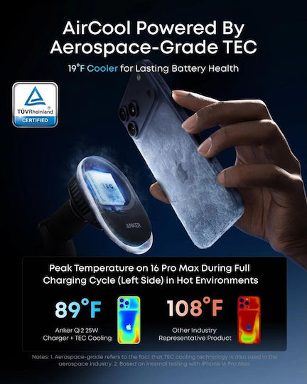 Anker Prime MagGo AirCool Car Mobile Mount with Adjustable Hooks and Wireless Charging Black
