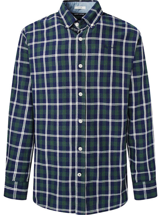 Long Sleeve Cotton Shirt In Regular Fit Checked Navy Blue