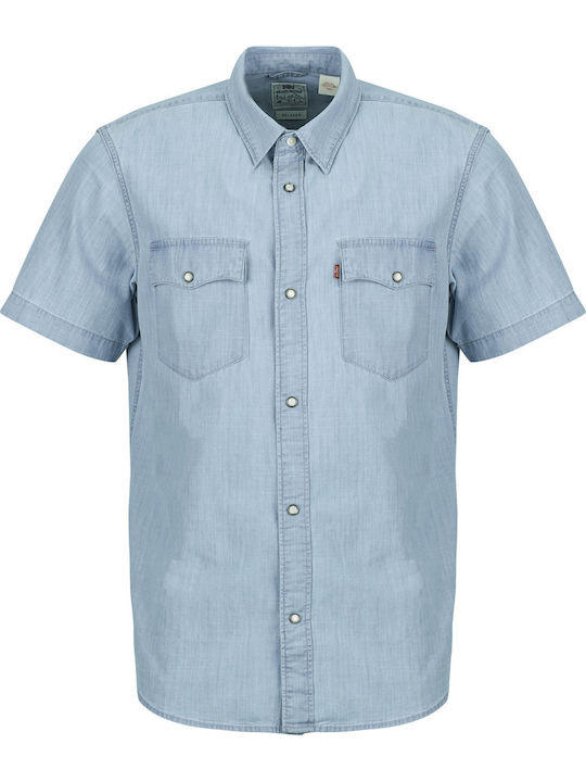 Western Short Sleeve Denim Shirt in Wide Line Blue