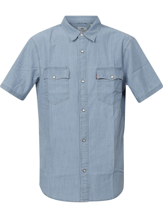 Western Short Sleeve Denim Shirt in Wide Line Blue
