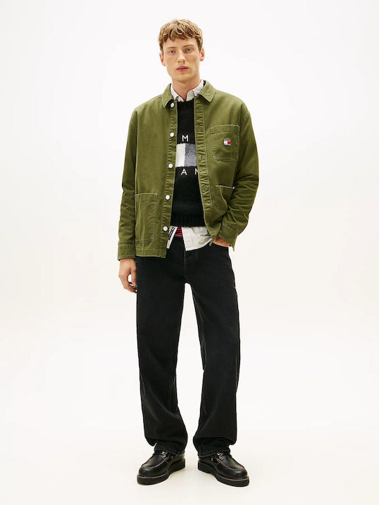 Long Sleeve Denim Overshirt in Oversized Line Olive