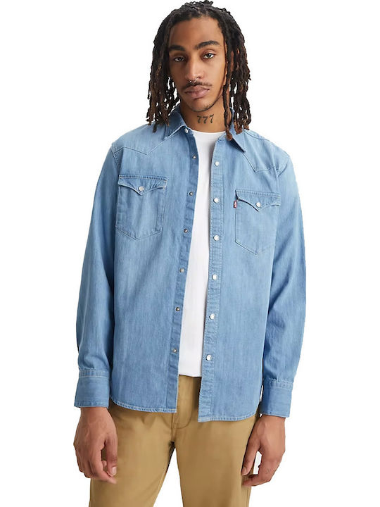 Barstow Western Standard Long Sleeve Denim Overshirt in Regular Fit Light Blue
