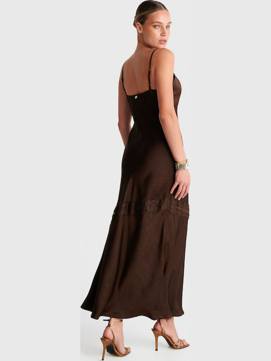 Maxi Slip Dress for Wedding - Christening Satin with Lace Brown