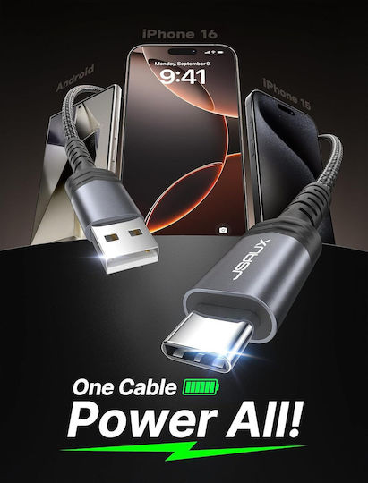 Jsaux Braided USB 2.0 Cable USB-C Male - USB-A 18W Gray 2m