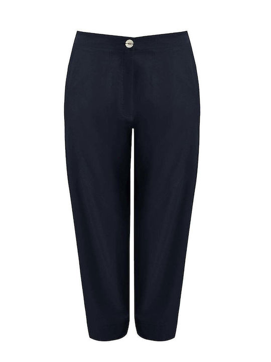 Women's Fabric Trousers with Rubber Band in Loose Fit Blue