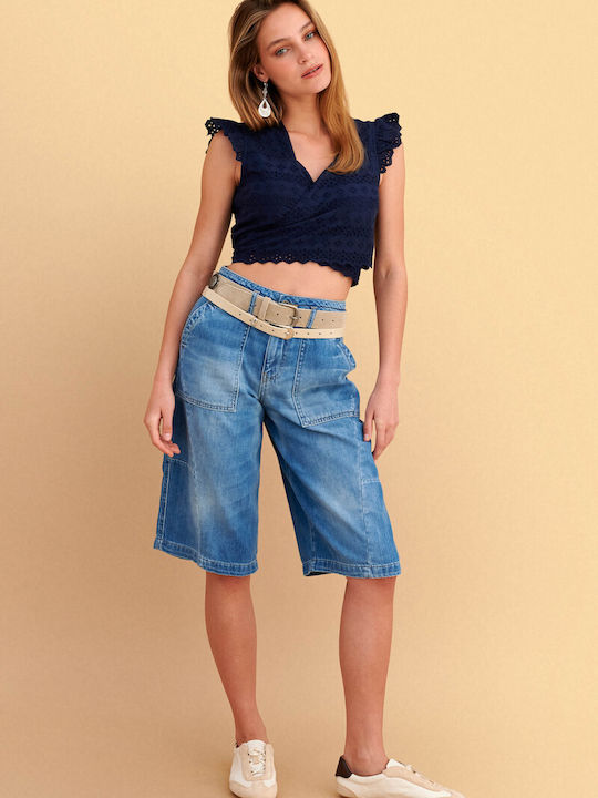 Women's Cotton Crop Top with Lace Blue