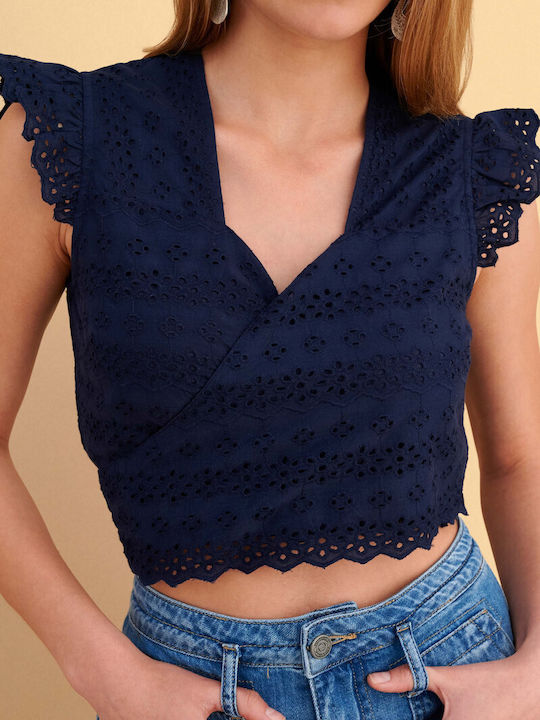 Women's Cotton Crop Top with Lace Blue