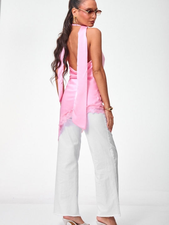 Women's Satin Blouse with Lace Pink