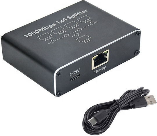 Splitter Rețea Ethernet Zola 4 Porturi Rj45 Viteză 1 Gb S Compatibil Cat5e Cat6 Cat7 Cat8 Alimentare Usb 8.5 X 6 X 2.5 Cm Negru