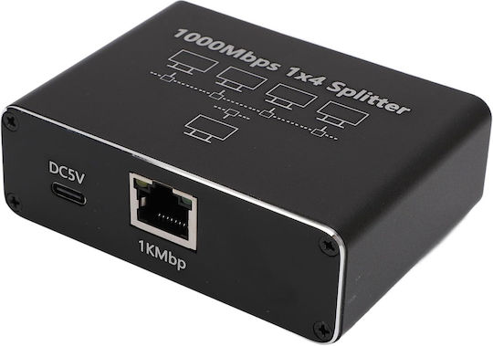 Splitter Rețea Ethernet Zola 4 Porturi Rj45 Viteză 1 Gb S Compatibil Cat5e Cat6 Cat7 Cat8 Alimentare Usb 8.5 X 6 X 2.5 Cm Negru